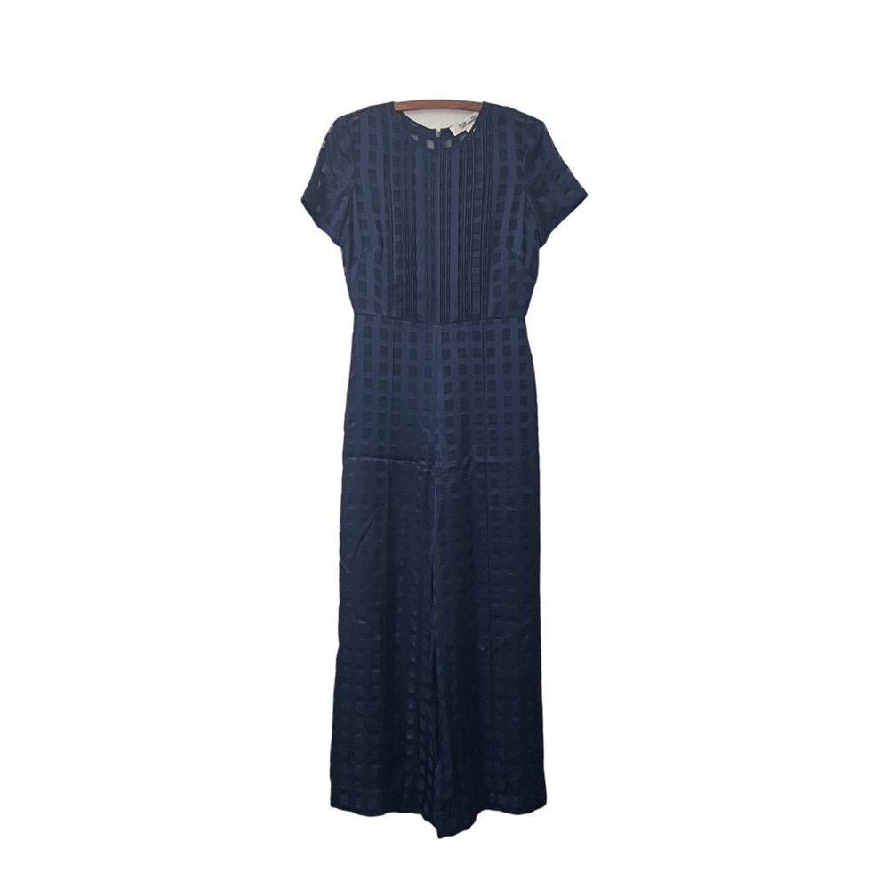 Diane Von Furstenberg Navy Windowpane Rayon Silk Blend Wide Leg Jumpsuit 4